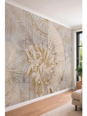 Dreamwall Çizgili Lotus ve Palmiye Yaprağı Desenli Klasik Modern Tek Parça Tekstil Duvar Kağıdı