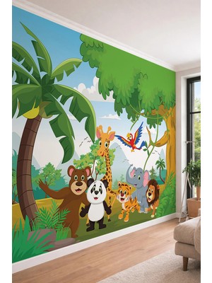 Dreamwall Çocuk Odası Safari Hayvanları Temalı Eğitici ve Renkli Tek Parça Tekstil Duvar Kağıdı