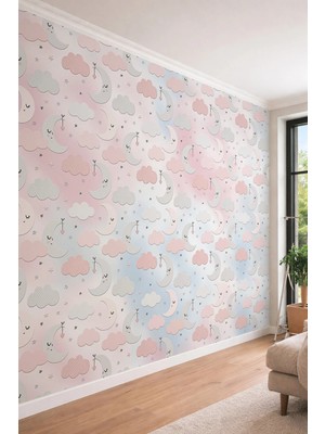 Dreamwall Bebek Odası Için Ay Yıldız Bulut Temalı Pastel Tonlarda Tek Parça Tekstil Duvar Kağıdı