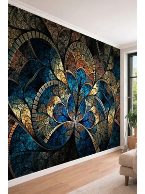 Dreamwall 3D Görünümlü Fraktal Desenli Altın Detaylı Tek Parça Tekstil Duvar Kağıdı