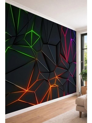 Dreamwall Geometrik Desenli Renkli Neon Işık Efektli 3D Görünümlü Tek Parça Tekstil Duvar Kağıdı