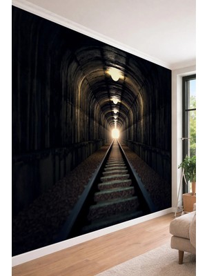 Dreamwall 3D Görünümlü Tren Raylı Karanlık Tünel ve Işık Temalı Derinlik Etkili Tekstil Duvar Kağıdı
