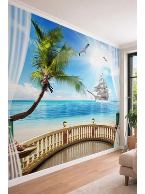 Dreamwall Güneş Işığı Efektli Sahil ve Yelkenli Gemi Manzaralı Balkonlu Tekstil Duvar Kağıdı