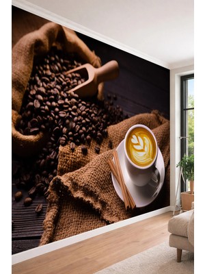 Dreamwall Çuval Kahve Çekirdeği ve Latte Art Temalı Tek Parça Tekstil Duvar Kağıdı