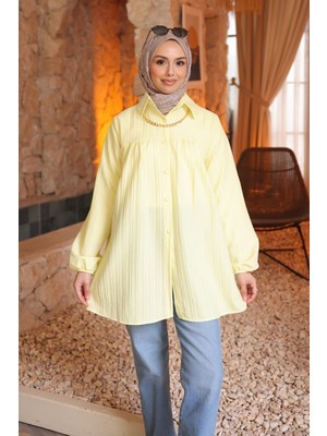 İmaj Butik Sarı Kol Lastikli Çizgili Gömlek Tunik