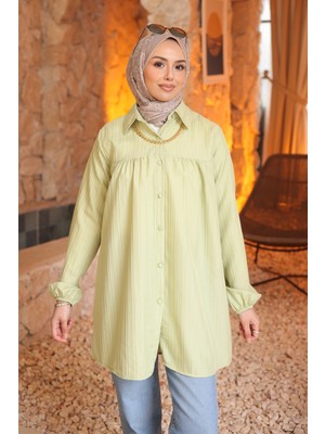 İmaj Butik Yeşil Kol Lastikli Çizgili Gömlek Tunik