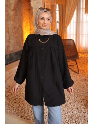 İmaj Butik Siyah Kol Lastikli Çizgili Gömlek Tunik