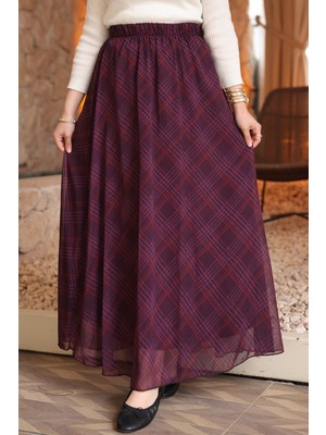 İmaj Butik Mürdüm Bel Lastikli Astarlı Şifon Etek