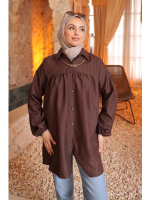 İmaj Butik Kahverengi Kol Lastikli Çizgili Gömlek Tunik