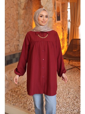 İmaj Butik Bordo Kol Lastikli Çizgili Gömlek Tunik