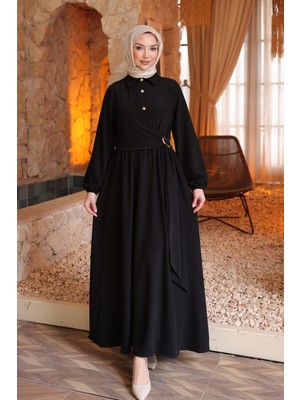 İmaj Butik Siyah Yan Bağlamalı Kol Lastikli Elbise