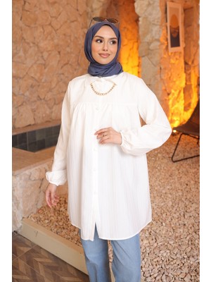 İmaj Butik Ekru Kol Lastikli Çizgili Gömlek Tunik