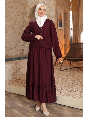 İmaj Butik Mürdüm Düğmeli Gömlek Etekli Takım