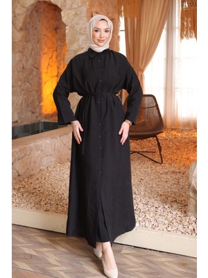 İmaj Butik Siyah Oversize Düğmeli Tesla Elbise