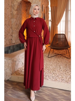 İmaj Butik Bordo Yan Bağlamalı Kol Lastikli Elbise