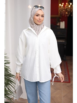 İmaj Butik Ekru Kol Bağlamalı Düğmeli Gömlek