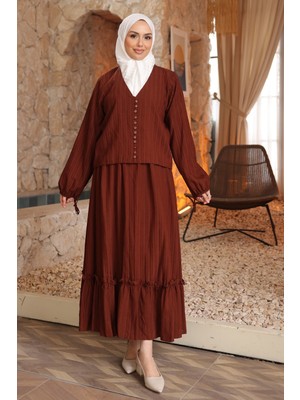 İmaj Butik Kahverengi Düğmeli Gömlek Etekli Takım