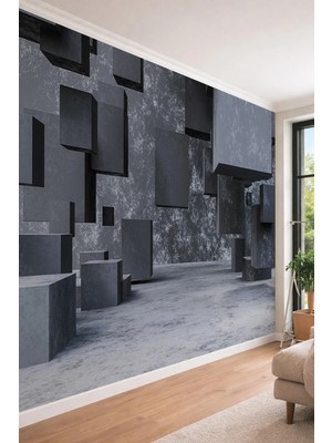 Dreamwall 3D Mimari Derinlikli Beton Blok Desenli Endüstriyel Modern Tek Parça Tekstil Duvar Kağıdı