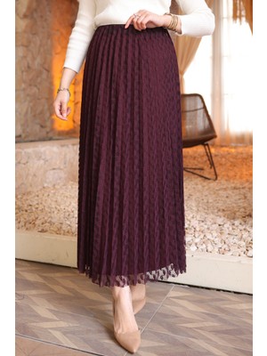 İmaj Butik Mürdüm Piliseli Flok Baskılı Astarlı Güpür Etek