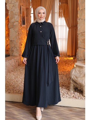 İmaj Butik Lacivert Yan Bağlamalı Kol Lastikli Elbise