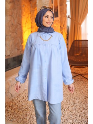 İmaj Butik Bebe Mavi Kol Lastikli Çizgili Gömlek Tunik