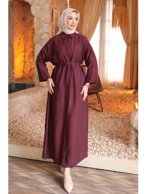 İmaj Butik Mürdüm Oversize Düğmeli Tesla Elbise