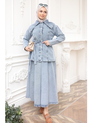 İmaj Butik Mavi Düğmeli  Kot Ceket Etek Takım