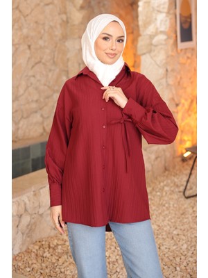 İmaj Butik Bordo Kol Bağlamalı Düğmeli Gömlek