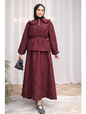 İmaj Butik Mürdüm Kendinden Desenli Gömlek Etekli Takım