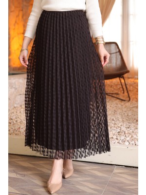 İmaj Butik Kahverengi Piliseli Flok Baskılı Astarlı Güpür Etek