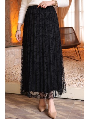 İmaj Butik Siyah Piliseli Flok Baskılı Astarlı Tül Etek