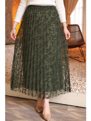 İmaj Butik Yeşil Piliseli Flok Baskılı Astarlı Tül Etek