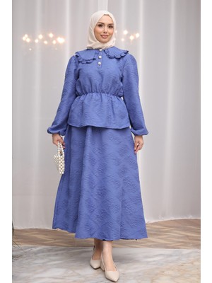 İmaj Butik Indigo Kendinden Desenli Gömlek Etekli Takım