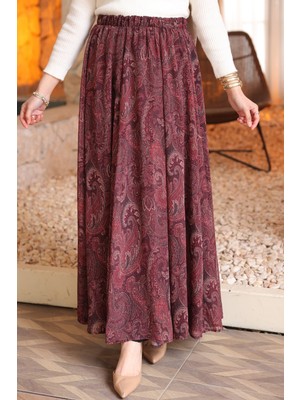 İmaj Butik Mürdüm Bel Lastikli Astarlı Şifon Etek