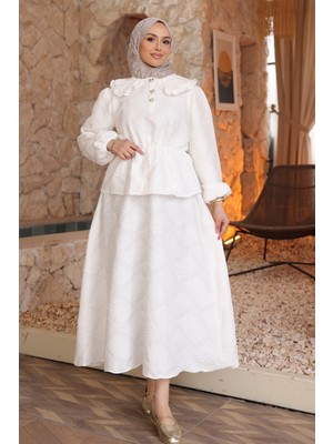 İmaj Butik Beyaz Kendinden Desenli Gömlek Etekli Takım
