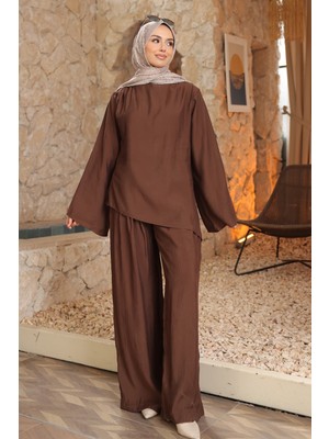 İmaj Butik Kahverengi Pile Detaylı Tunik Pantolonlu Takım