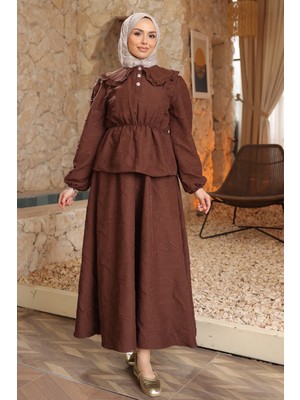 İmaj Butik Kahverengi Kendinden Desenli Gömlek Etekli Takım