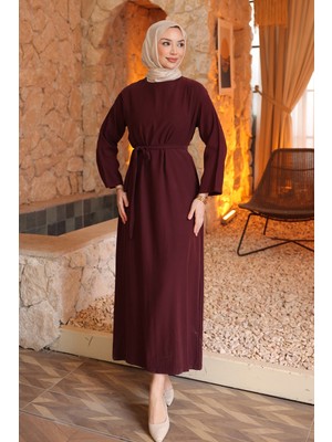 İmaj Butik Mürdüm Beli Kuşaklı Rayon Tencel Elbise