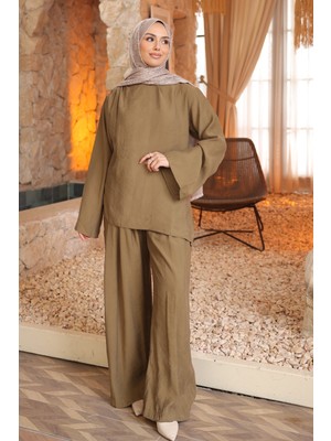 İmaj Butik Haki Pile Detaylı Tunik Pantolonlu Takım