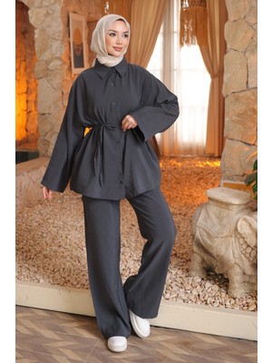 İmaj Butik Antrasit Bel Bağlamalı Gömlek Pantolonlu Takım