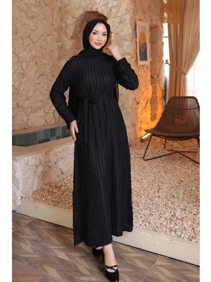 İmaj Butik Siyah Kol Lastikli Kuşaklı Gofre Elbise
