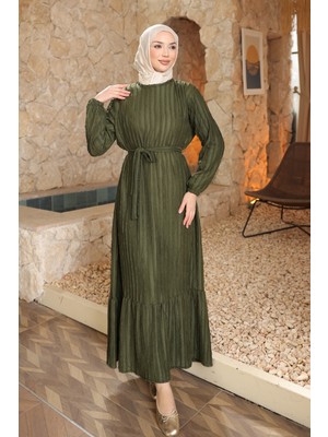 İmaj Butik Yeşil Kol Lastikli Kuşaklı Gofre Elbise