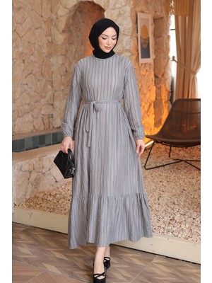 İmaj Butik Gri Kol Lastikli Kuşaklı Gofre Elbise