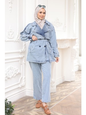 İmaj Butik Mavi Düğmeli Bel Kuşaklı Ceket Pantolonlu Kot Takım