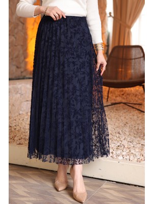 İmaj Butik Lacivert Piliseli Flok Baskılı Astarlı Tül Etek
