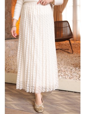 İmaj Butik Krem Piliseli Flok Baskılı Astarlı Güpür Etek