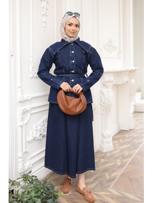 İmaj Butik Lacivert Düğmeli  Kot Ceket Etek Takım