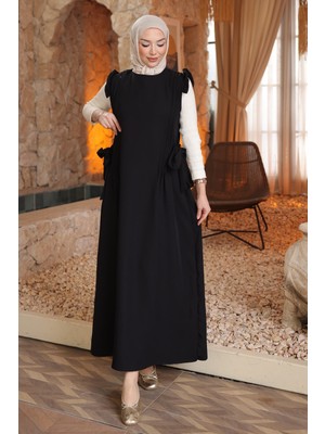 İmaj Butik Siyah Bel Kuşaklı Kolları Fırfırlı Elbise