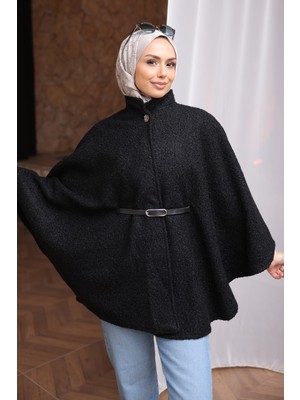 İmaj Butik Siyah Kemerli Buklet Panço