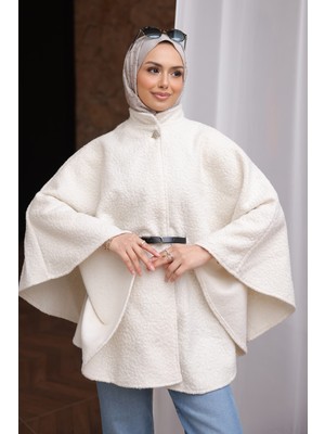 İmaj Butik Ekru Kemerli Buklet Panço